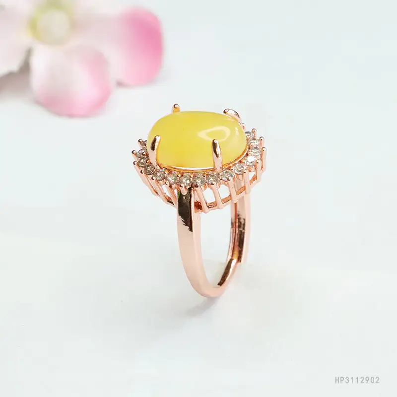 Yellow Honey Amber Ring for Women with Diamond Set — feature 8