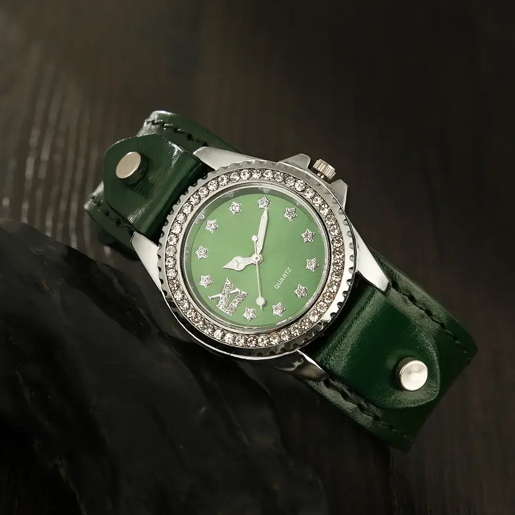 Green Rhinestone Women's Quartz Watch with Leather Strap - Image 8