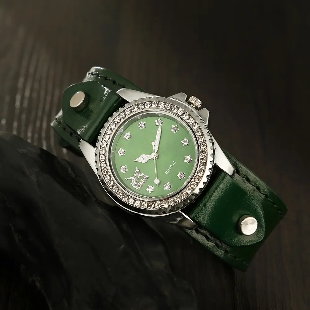 Green Rhinestone Women's Quartz Watch with Leather Strap — feature 7