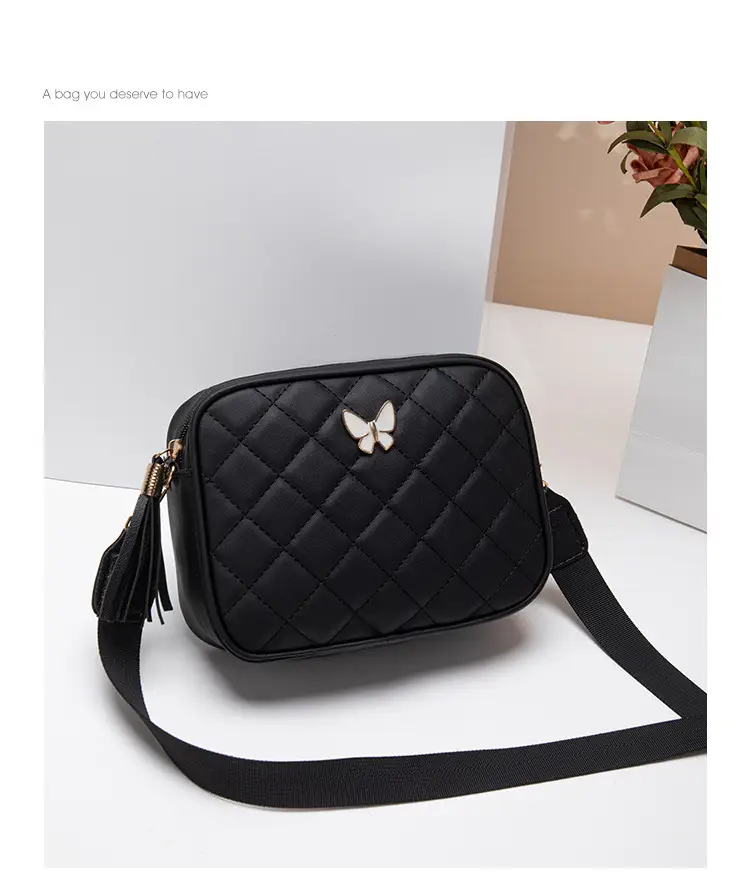 Black Butterfly Embroidered Crossbody Bag with Sequins & Tassel — feature 17