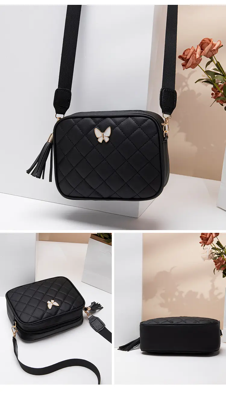 Black Butterfly Embroidered Crossbody Bag with Sequins & Tassel — feature 19