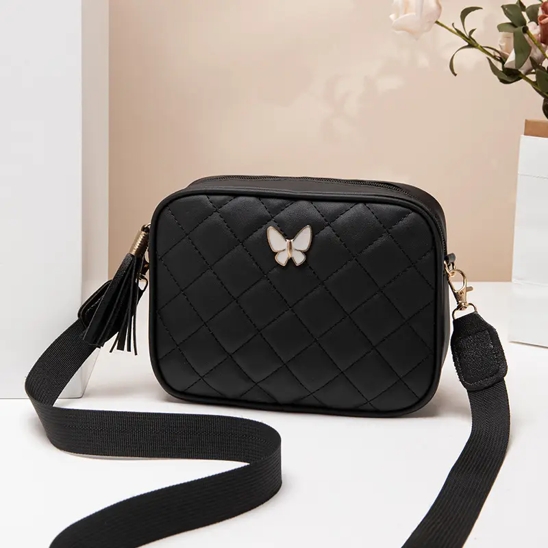 Black Butterfly Embroidered Crossbody Bag with Sequins & Tassel - Image 2