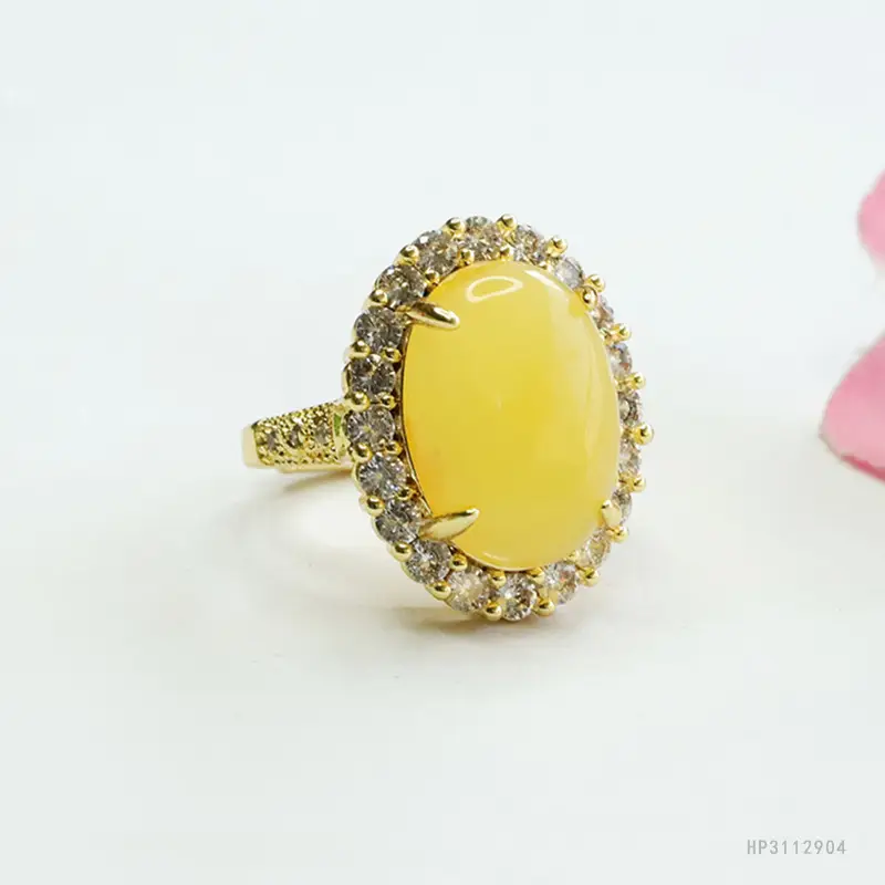 Yellow Amber Pigeon Egg Finger Ring Gold Plated - Image 3