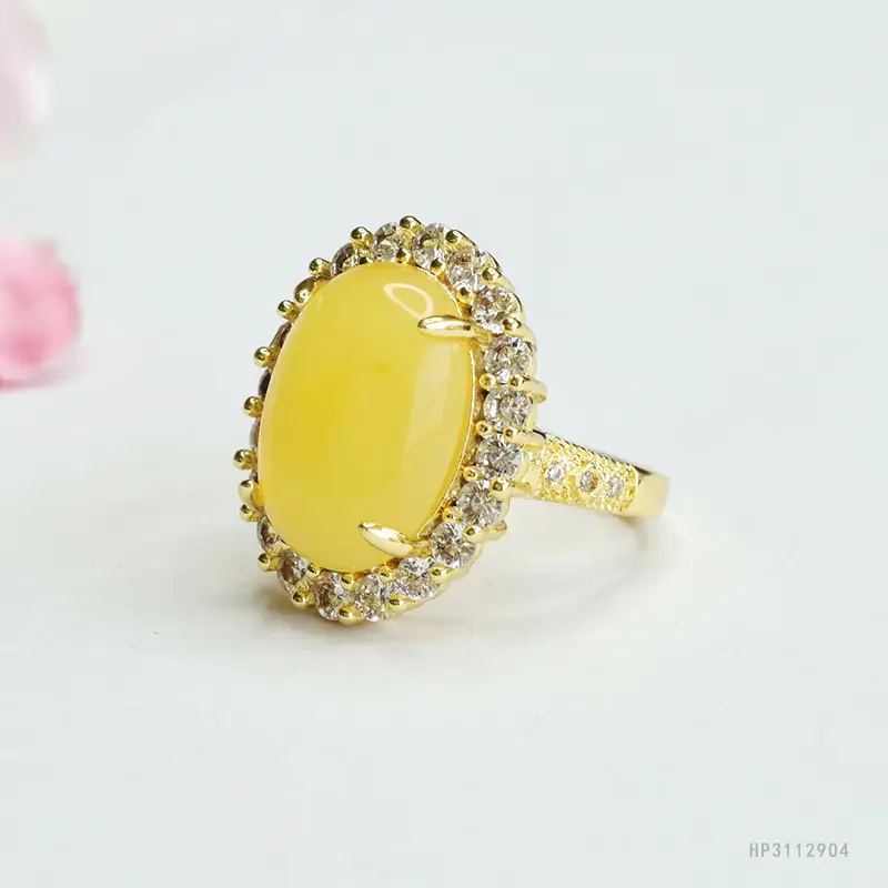Yellow Amber Pigeon Egg Finger Ring Gold Plated - Image 4