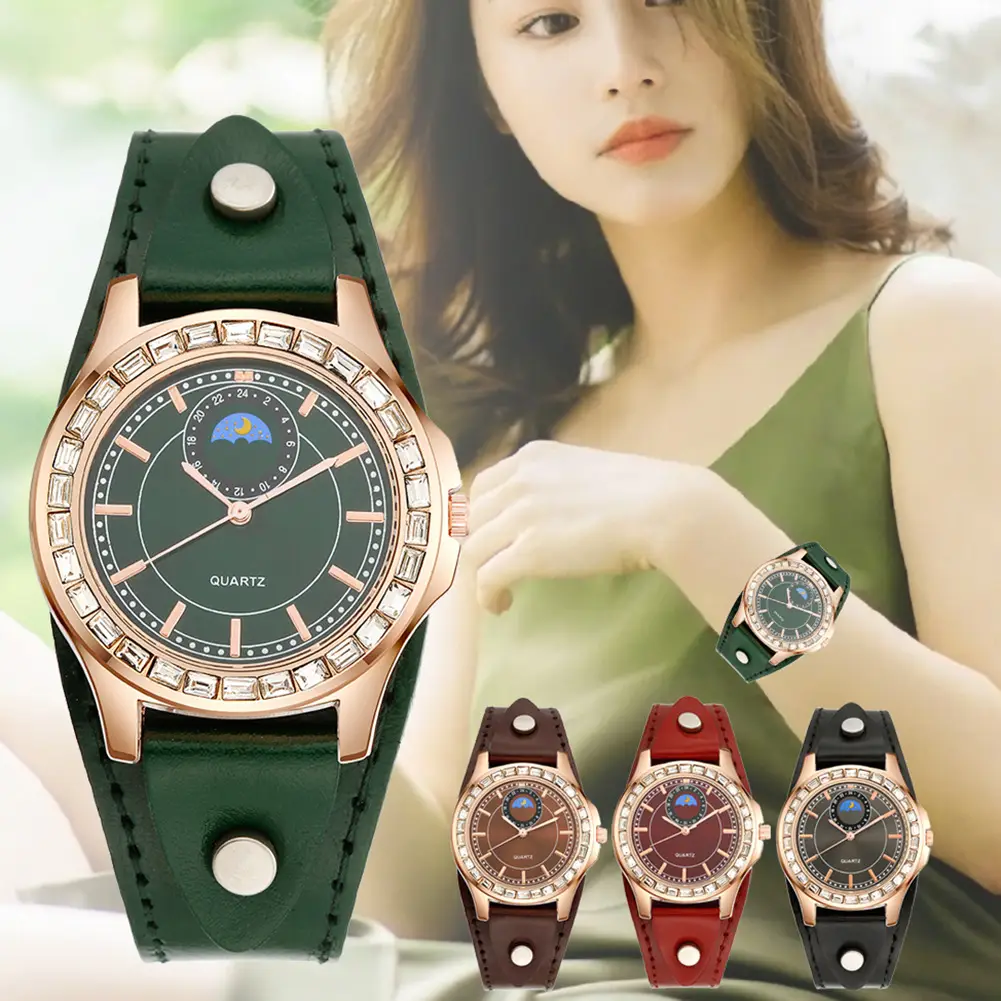 Women's Rhinestone Quartz Watch Green Strap — feature 12