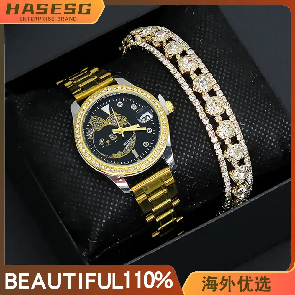 Women's Gold Diamond Watch Bracelet Set Two-Piece - Image 5