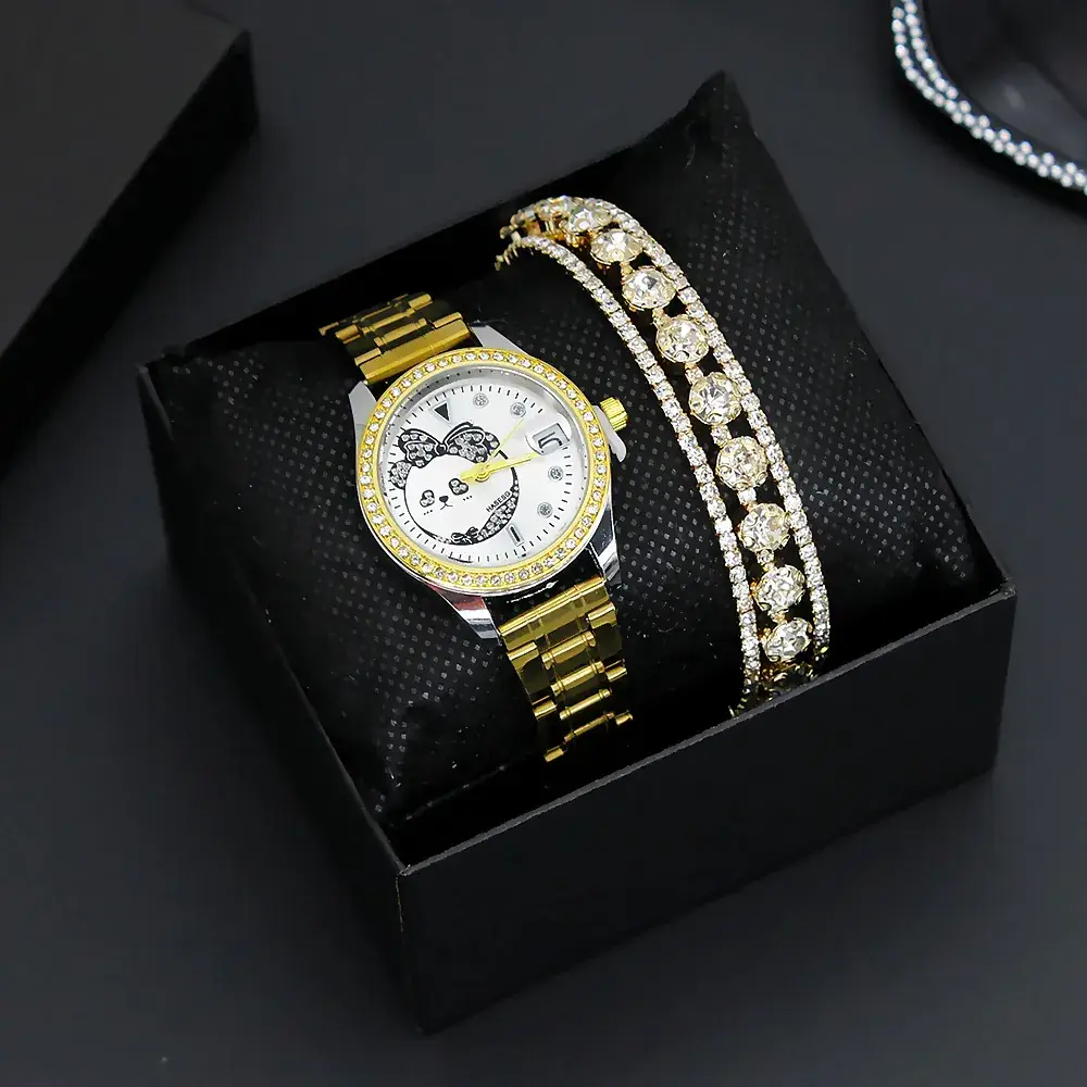 Women's Gold Diamond Watch Bracelet Set Two-Piece - Image 2