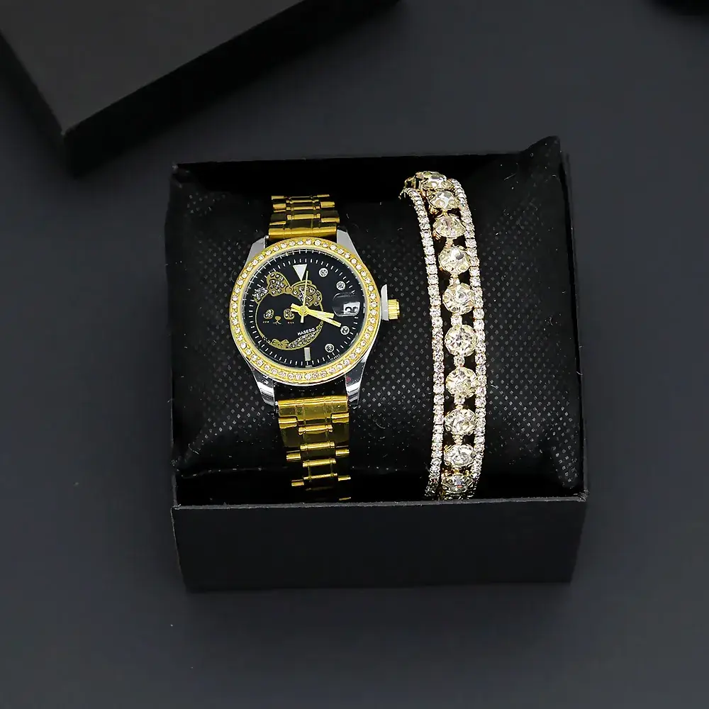 Women's Gold Diamond Watch Bracelet Set Two-Piece - Image 6