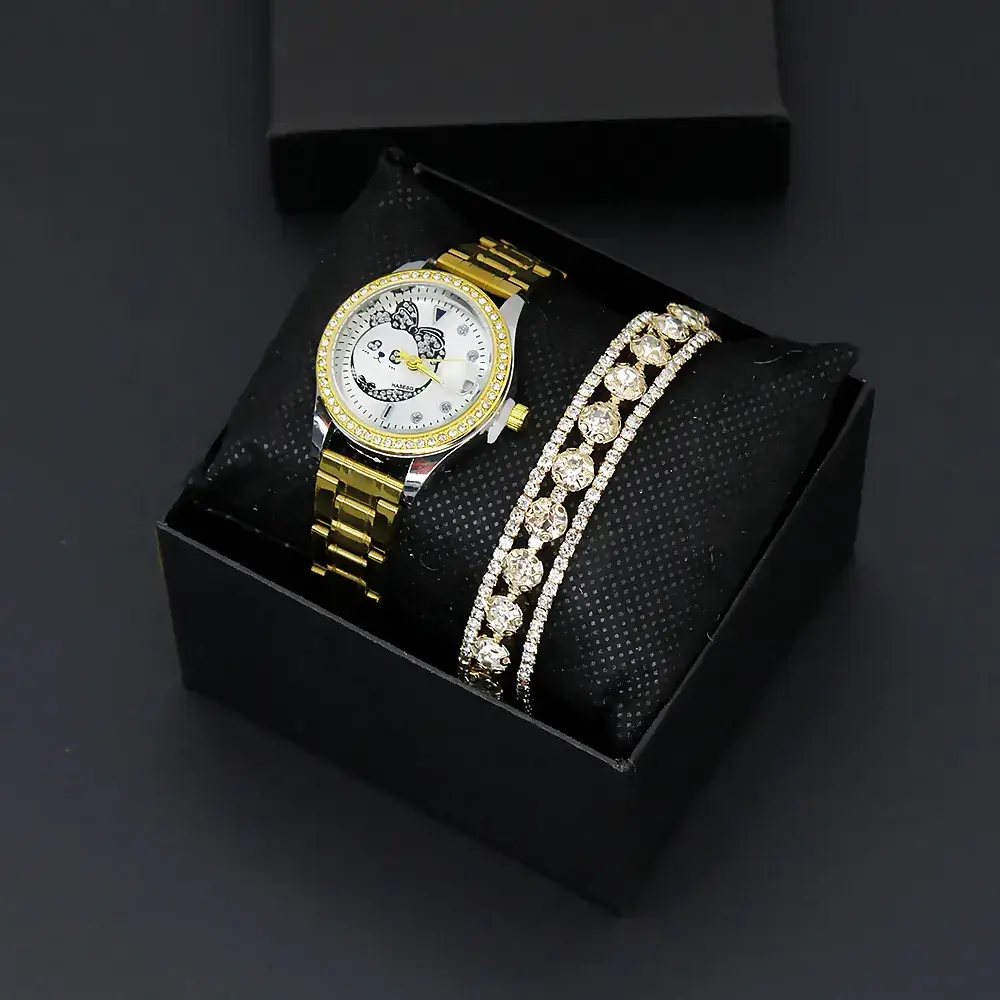 Women's Gold Diamond Watch Bracelet Set Two-Piece - Image 7