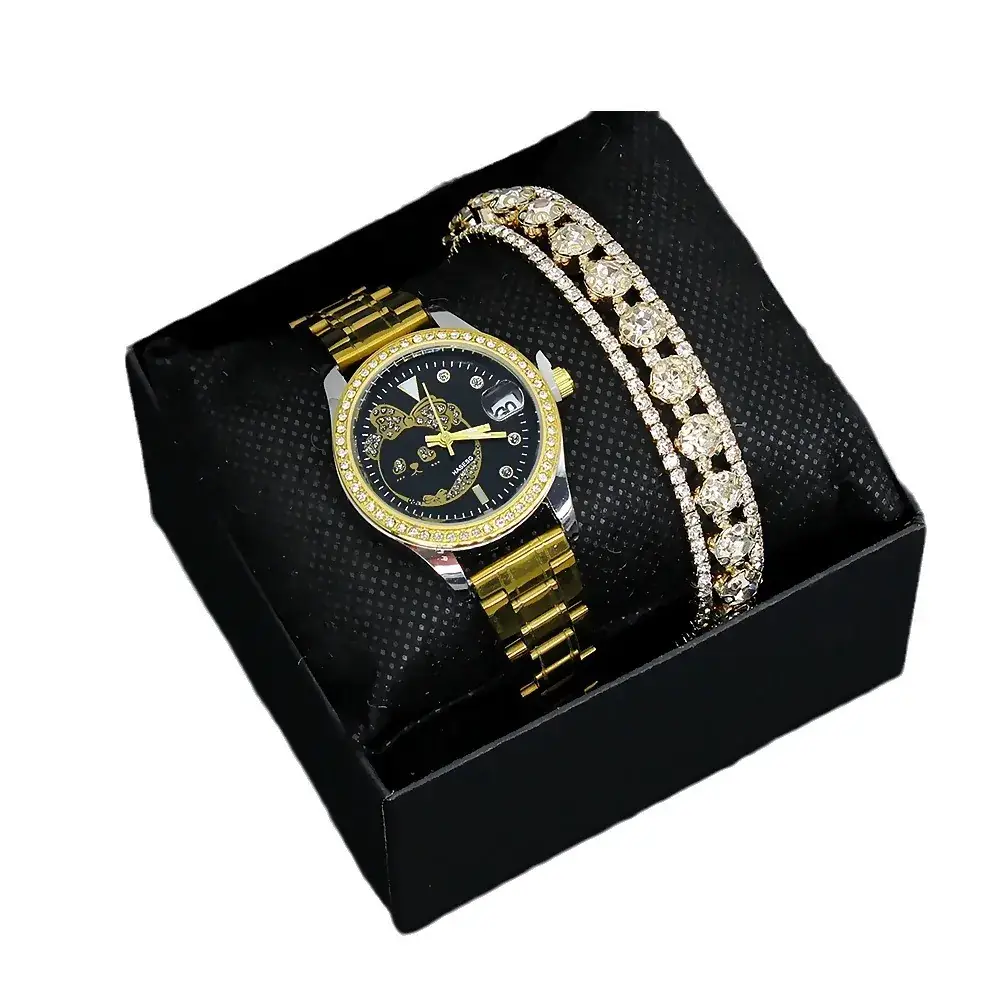 Women's Gold Diamond Watch Bracelet Set Two-Piece - Image 8