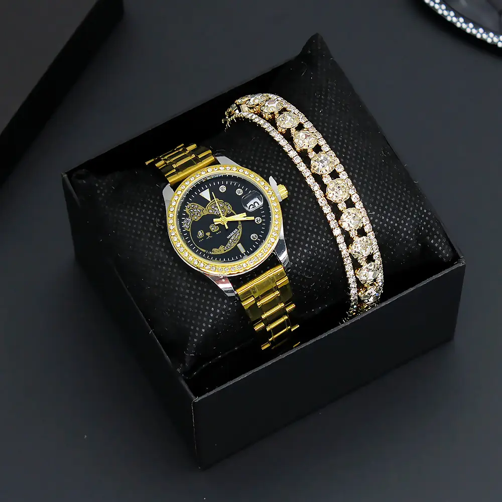 Women's Gold Diamond Watch Bracelet Set Two-Piece — feature 2