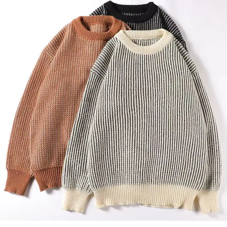 Men Striped Knitted Crewneck Sweater Winter Warm - Image 4