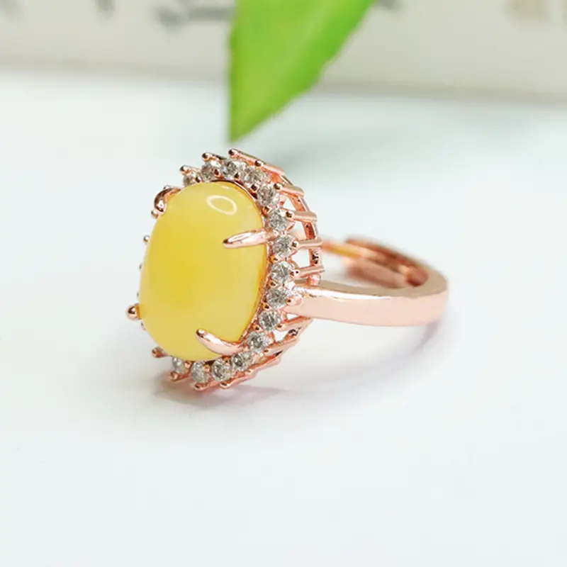 Yellow Honey Amber Ring for Women with Diamond Set - Image 3