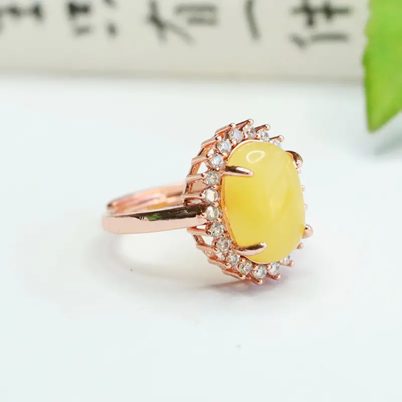 Yellow Honey Amber Ring for Women with Diamond Set - Image 4