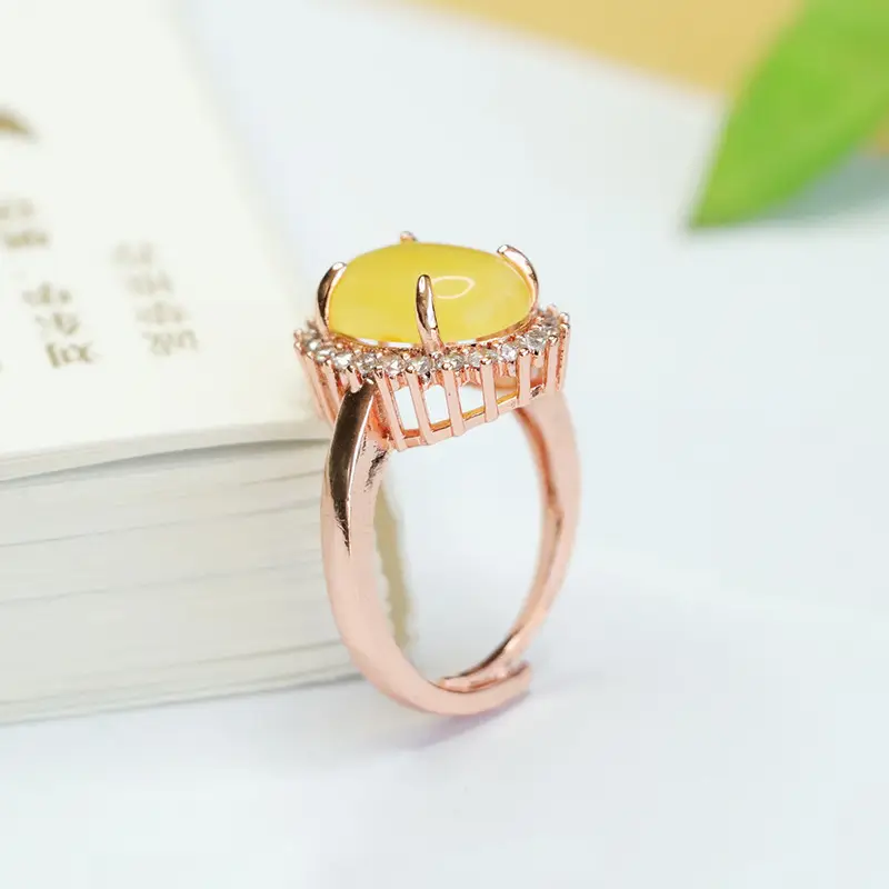 Yellow Honey Amber Ring for Women with Diamond Set - Image 5