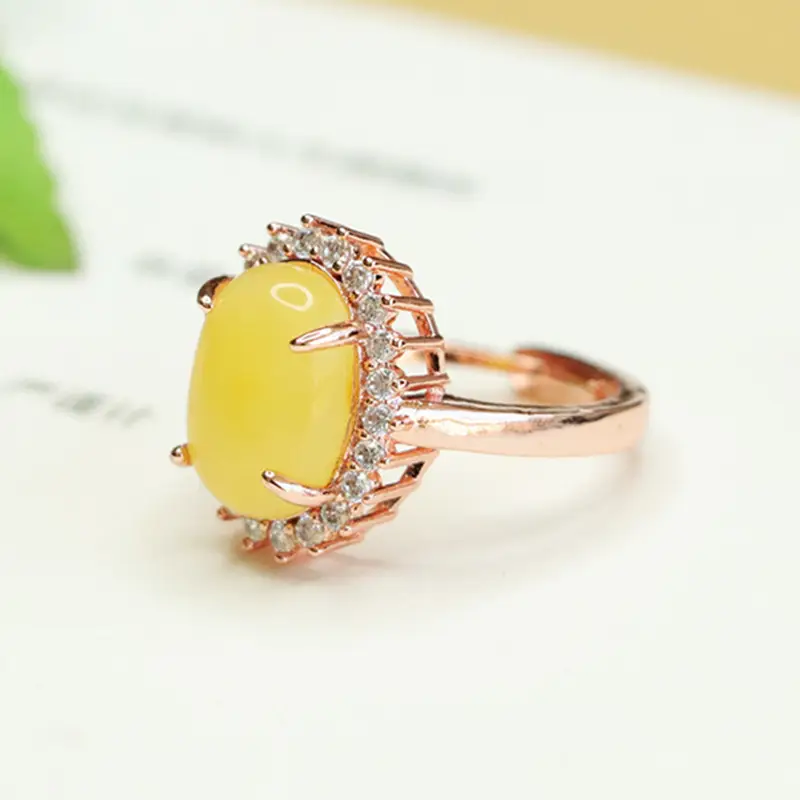 Yellow Honey Amber Ring for Women with Diamond Set — feature 9