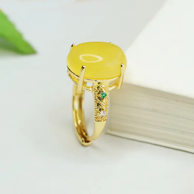 Yellow Amber Palace Style Ring with Diamond Edge