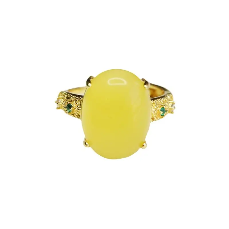 Yellow Amber Palace Style Ring with Diamond Edge