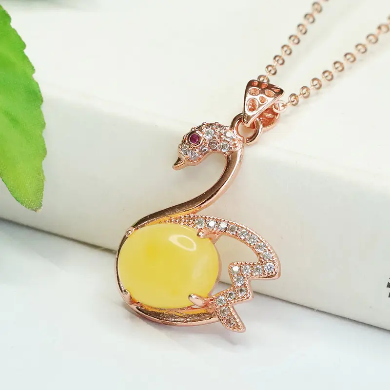 Women's Rose Gold Swan Necklace with Yellow Amber Pendant - Image 3
