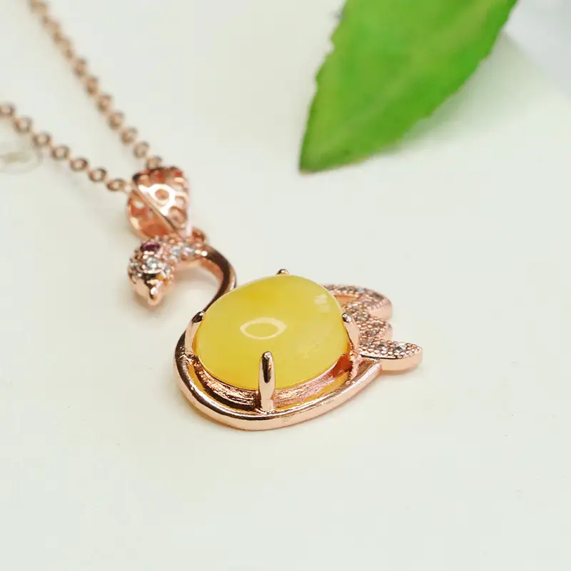 Women's Rose Gold Swan Necklace with Yellow Amber Pendant - Image 4