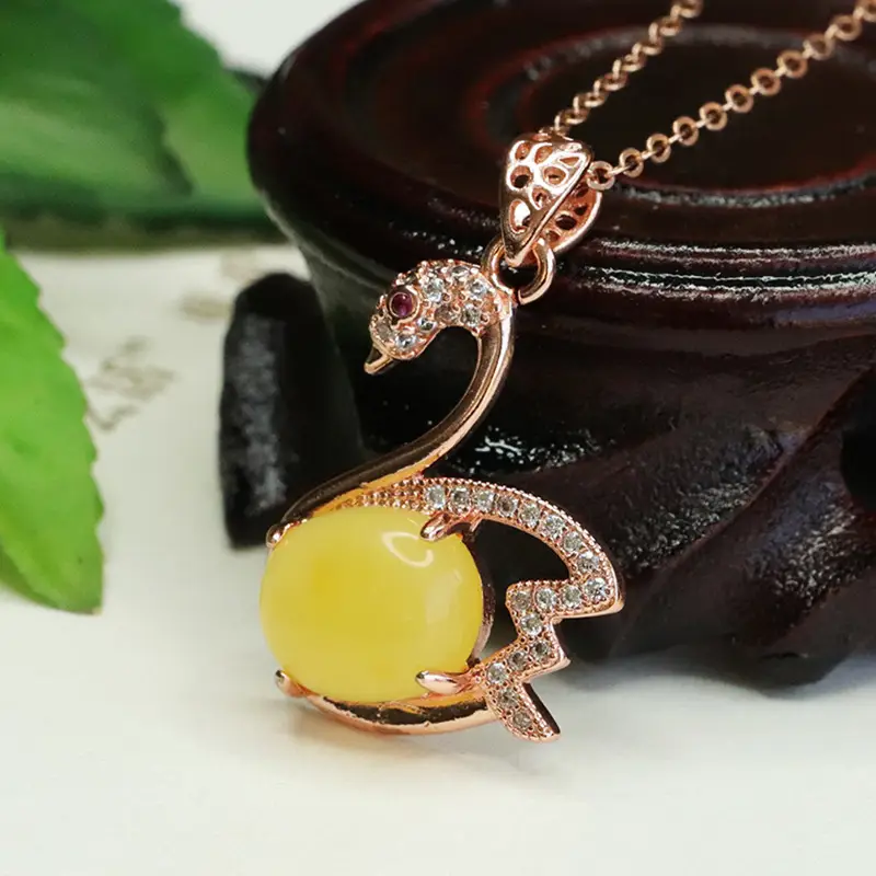 Women's Rose Gold Swan Necklace with Yellow Amber Pendant - Image 5