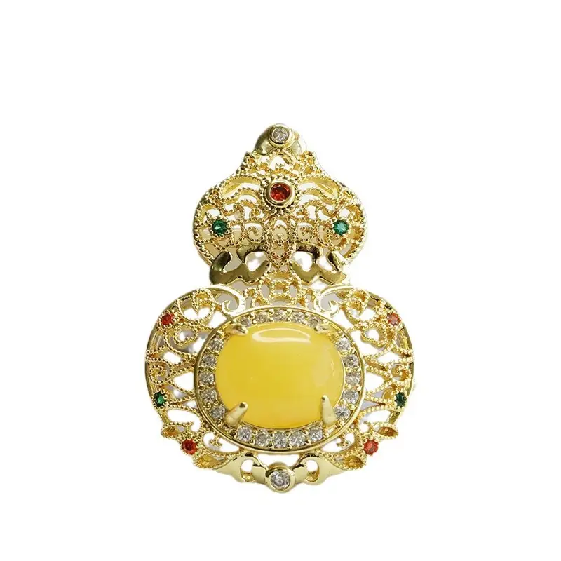 Ethnic Gold Pendant Necklace with Yellow Amber Gourd Design