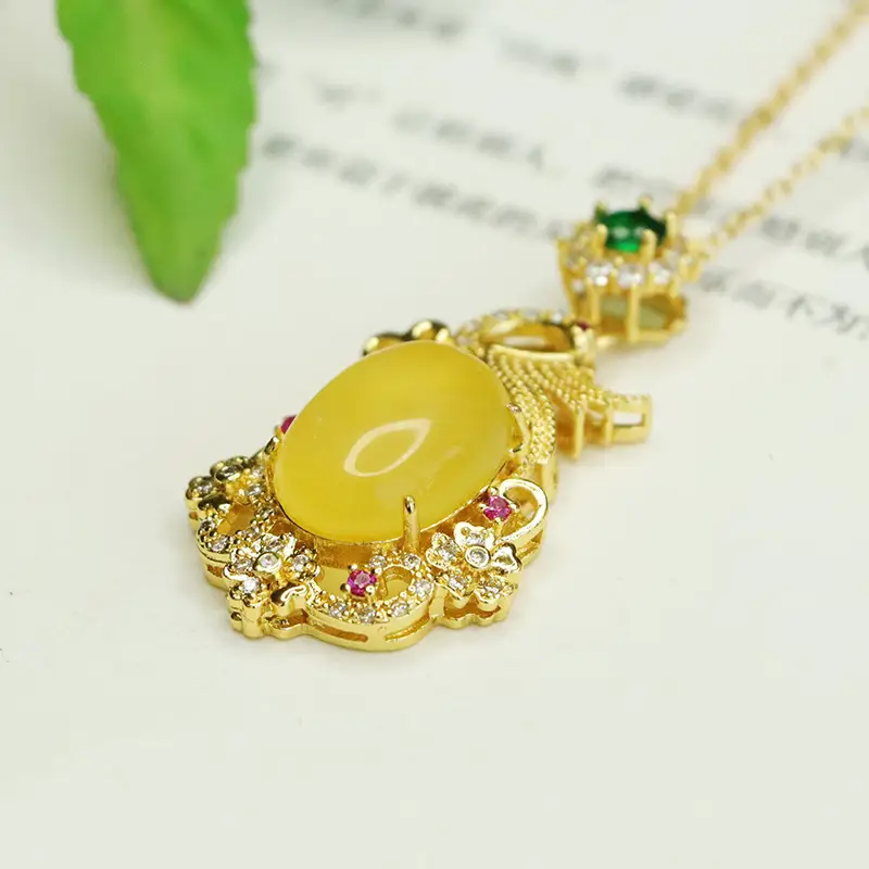 Aiyu Natural Amber Pendant Necklace Ethnic Style Gold Plated - Image 5