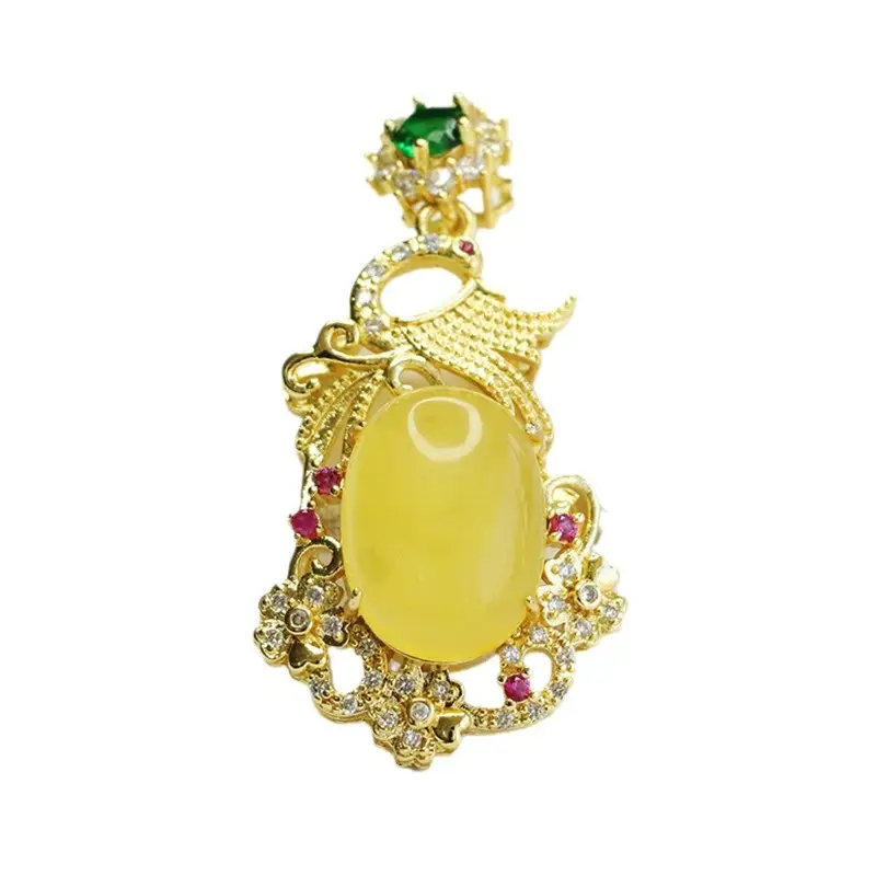 Aiyu Natural Amber Pendant Necklace Ethnic Style Gold Plated - Image 6