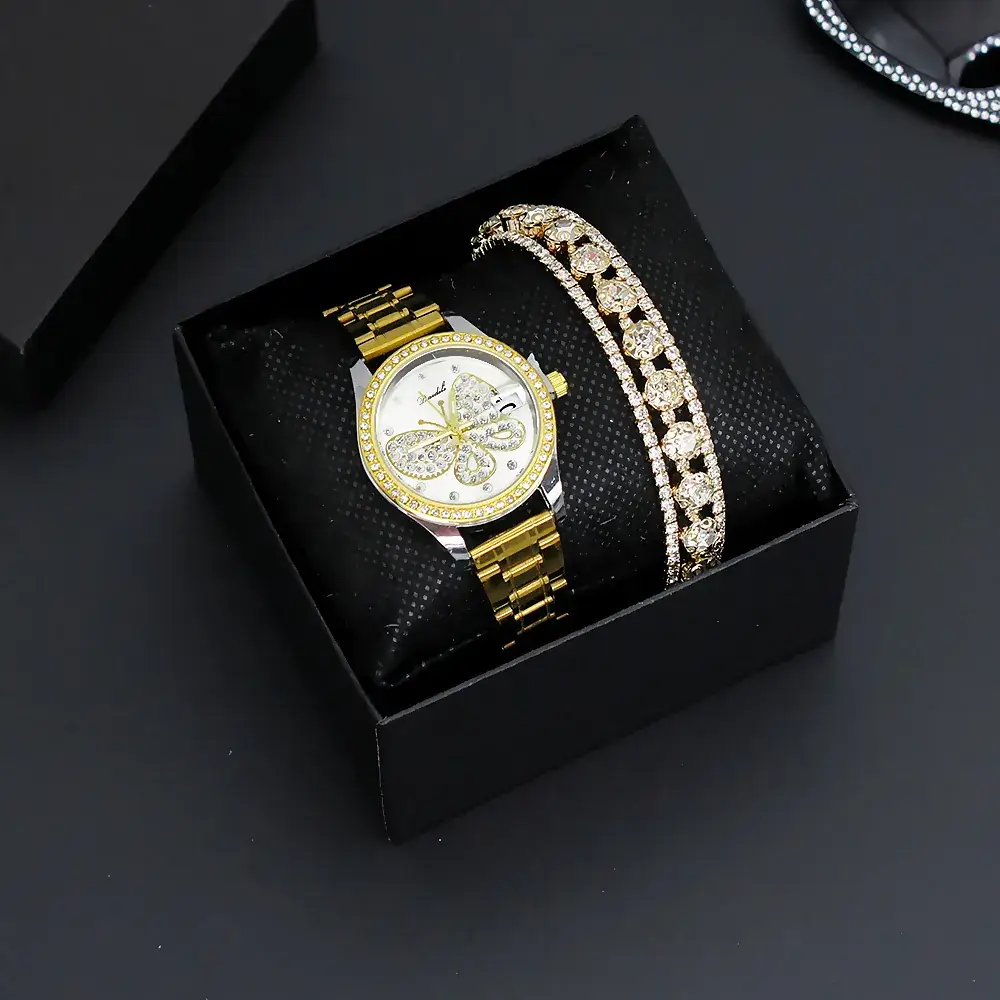 Women's Butterfly Watch with Gold Bracelet & Crystal Bracelet - Image 2