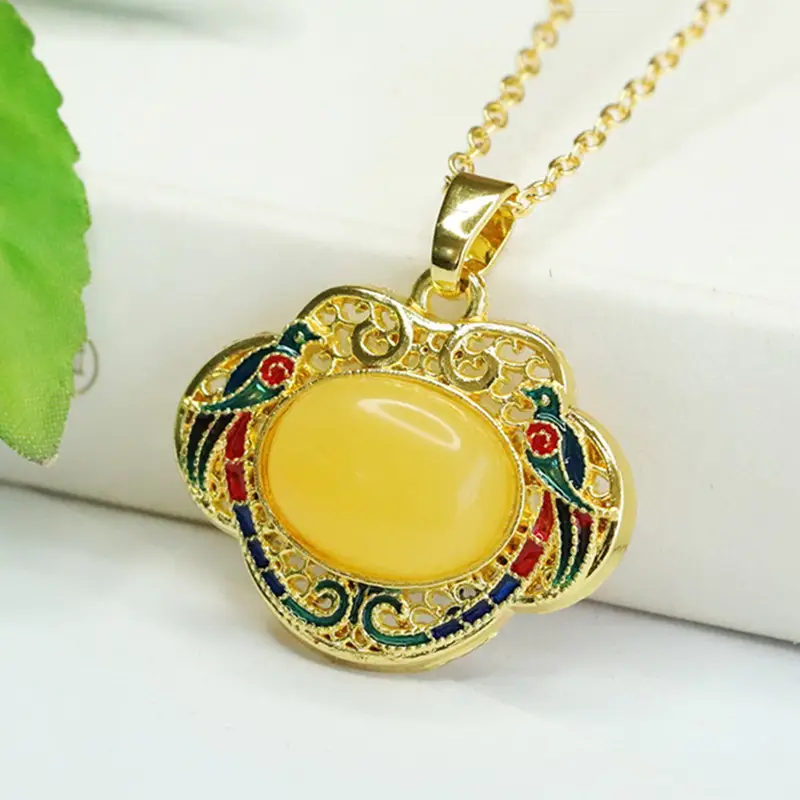 Aiyu Yellow Honey Amber Necklace with Ruyi Enamel - Image 3