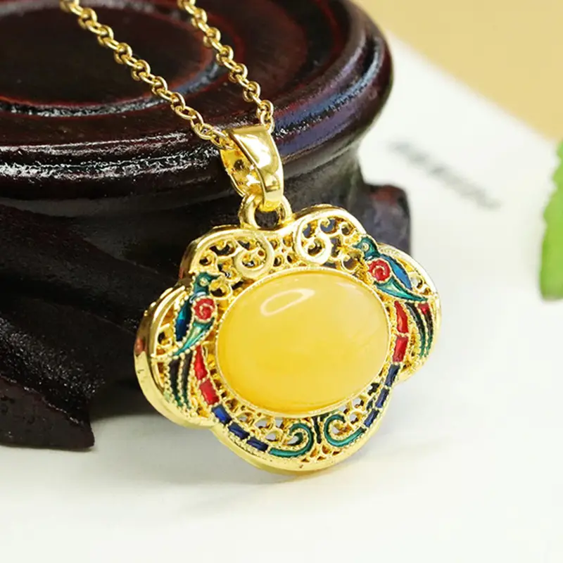 Aiyu Yellow Honey Amber Necklace with Ruyi Enamel - Image 4