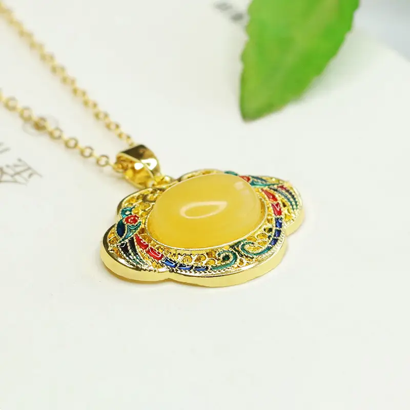 Aiyu Yellow Honey Amber Necklace with Ruyi Enamel - Image 5