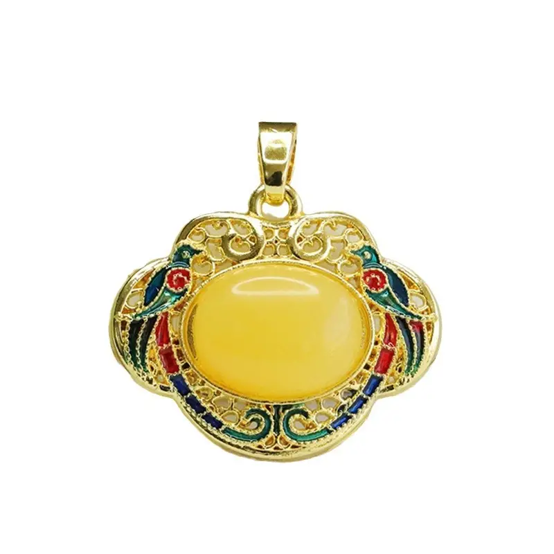 Aiyu Yellow Honey Amber Necklace with Ruyi Enamel - Image 6