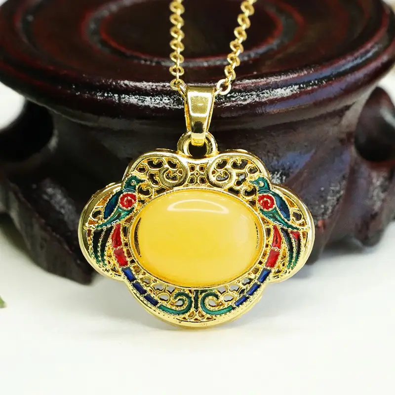 Aiyu Yellow Honey Amber Necklace with Ruyi Enamel — feature 1