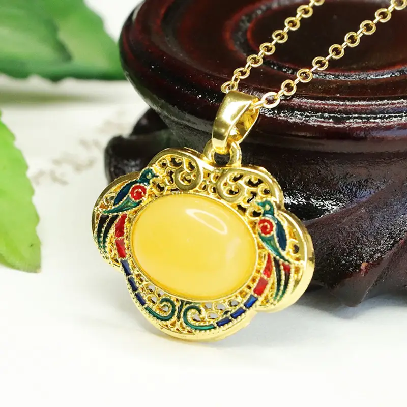 Aiyu Yellow Honey Amber Necklace with Ruyi Enamel — feature 3
