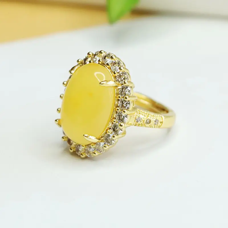 Yellow Honey Amber Pigeon Egg Ring with Diamond Set - Image 3