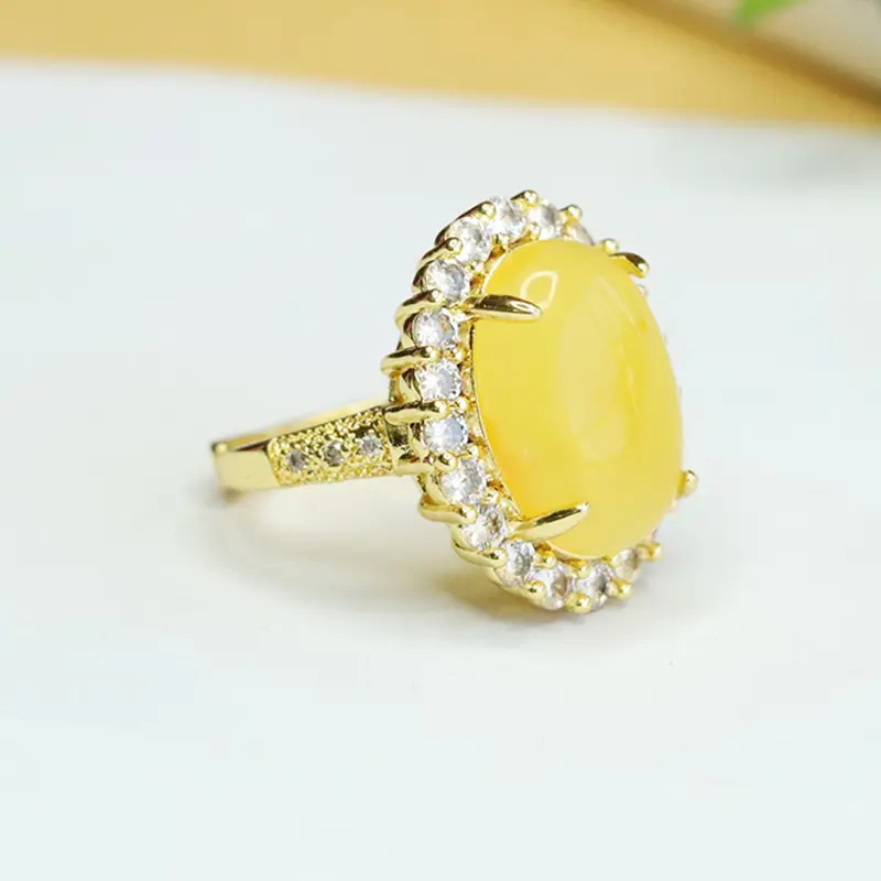 Yellow Honey Amber Pigeon Egg Ring with Diamond Set - Image 4