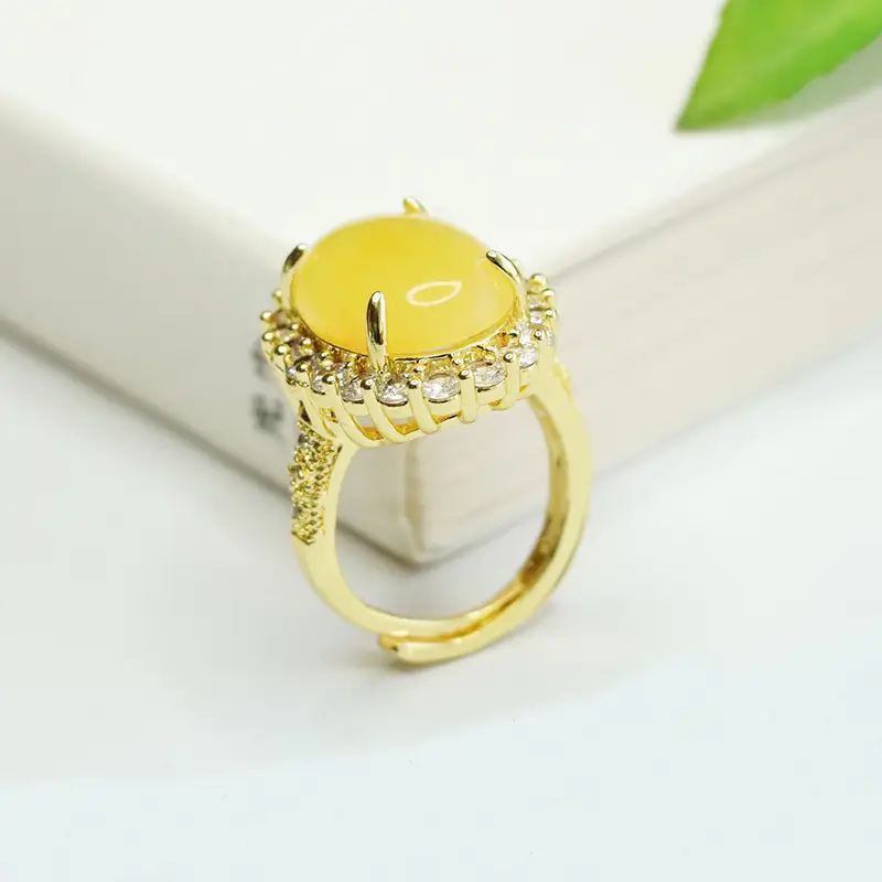 Yellow Honey Amber Pigeon Egg Ring with Diamond Set - Image 5