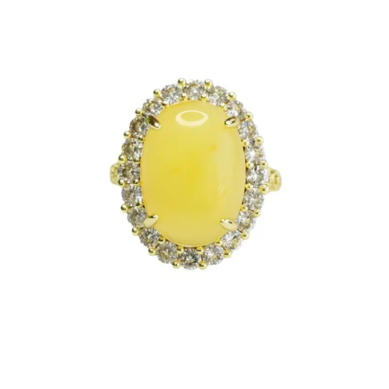 Yellow Honey Amber Pigeon Egg Ring with Diamond Set - Image 6