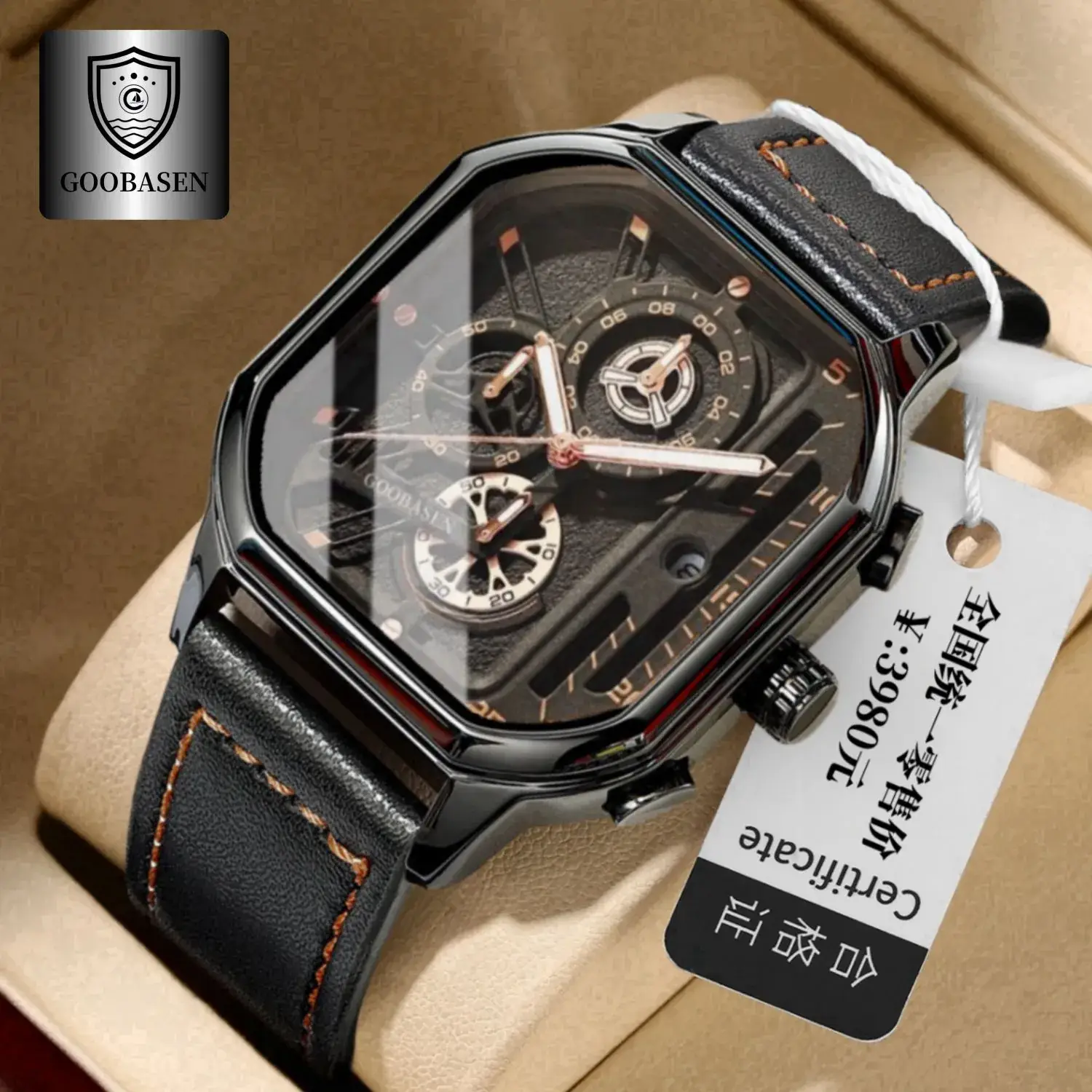 Guberson Square Black Men's Watch with Calendar & Luminous Design