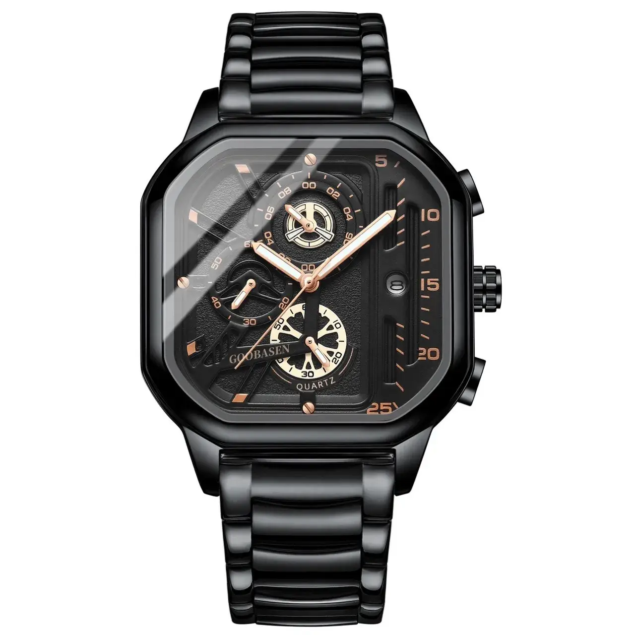Guberson Square Black Men's Watch with Calendar & Luminous Design