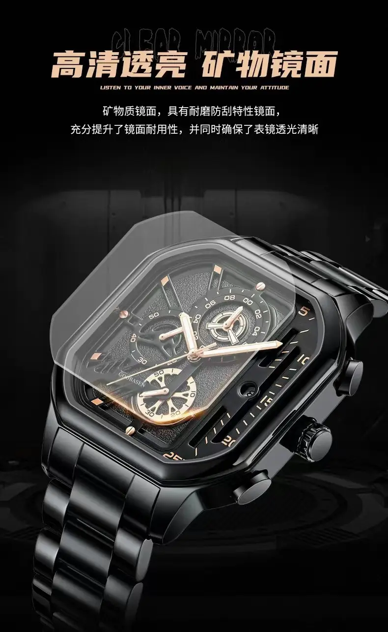 Guberson Square Black Men's Watch with Calendar & Luminous Design — feature 2