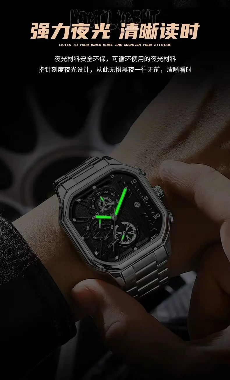 Guberson Square Black Men's Watch with Calendar & Luminous Design — feature 4