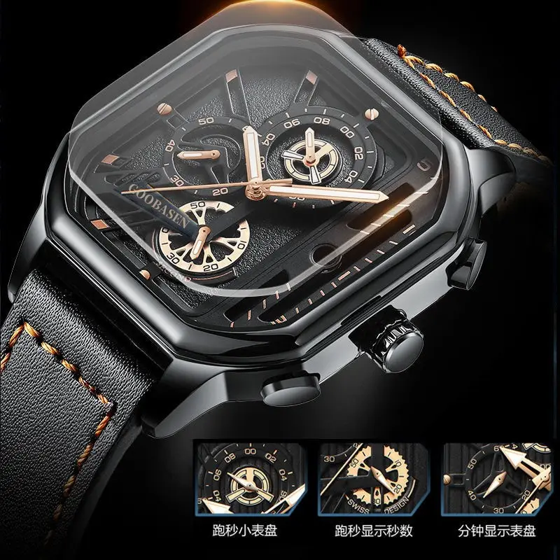 Guberson Square Black Men's Watch with Calendar & Luminous Design — feature 5