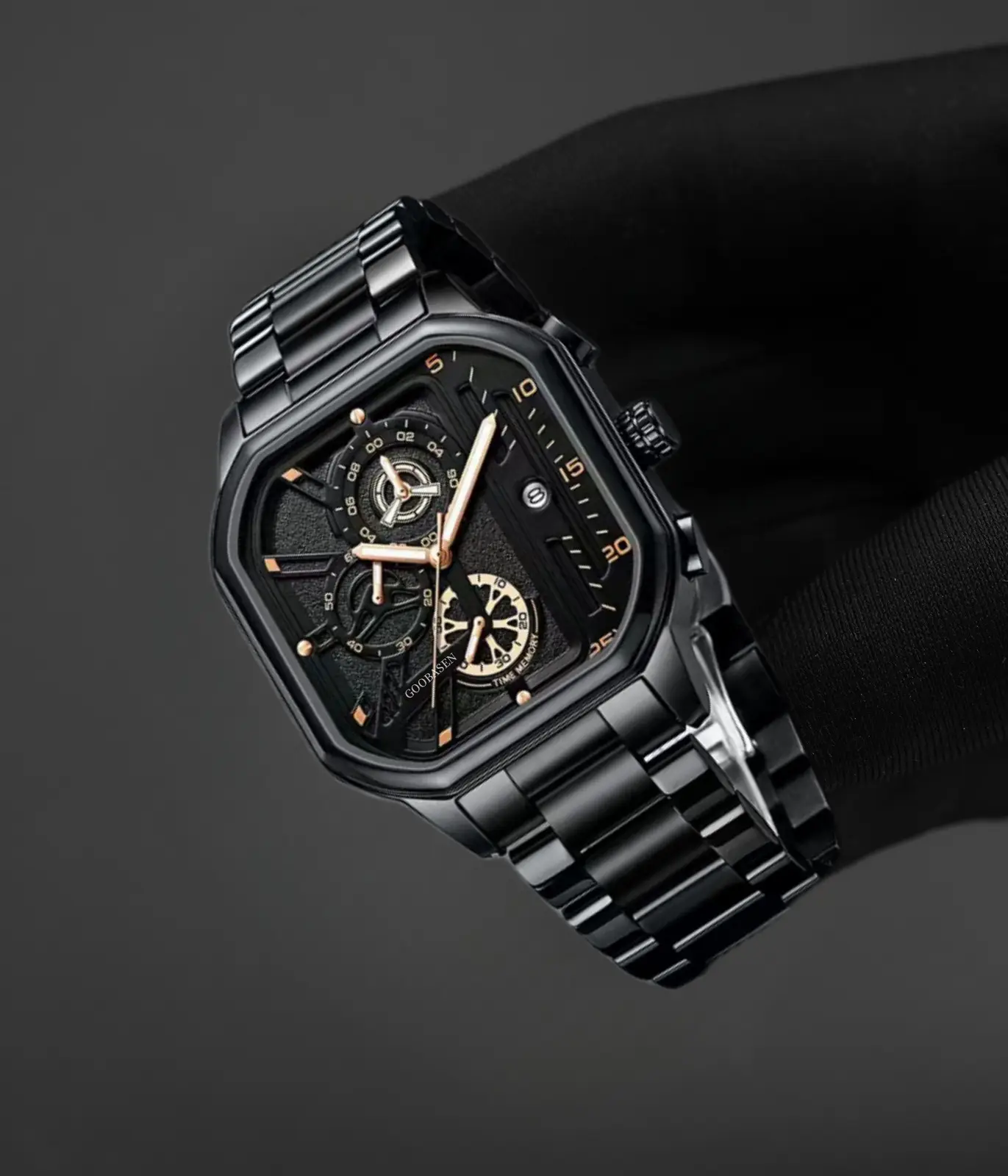 Guberson Square Black Men's Watch with Calendar & Luminous Design — feature 6