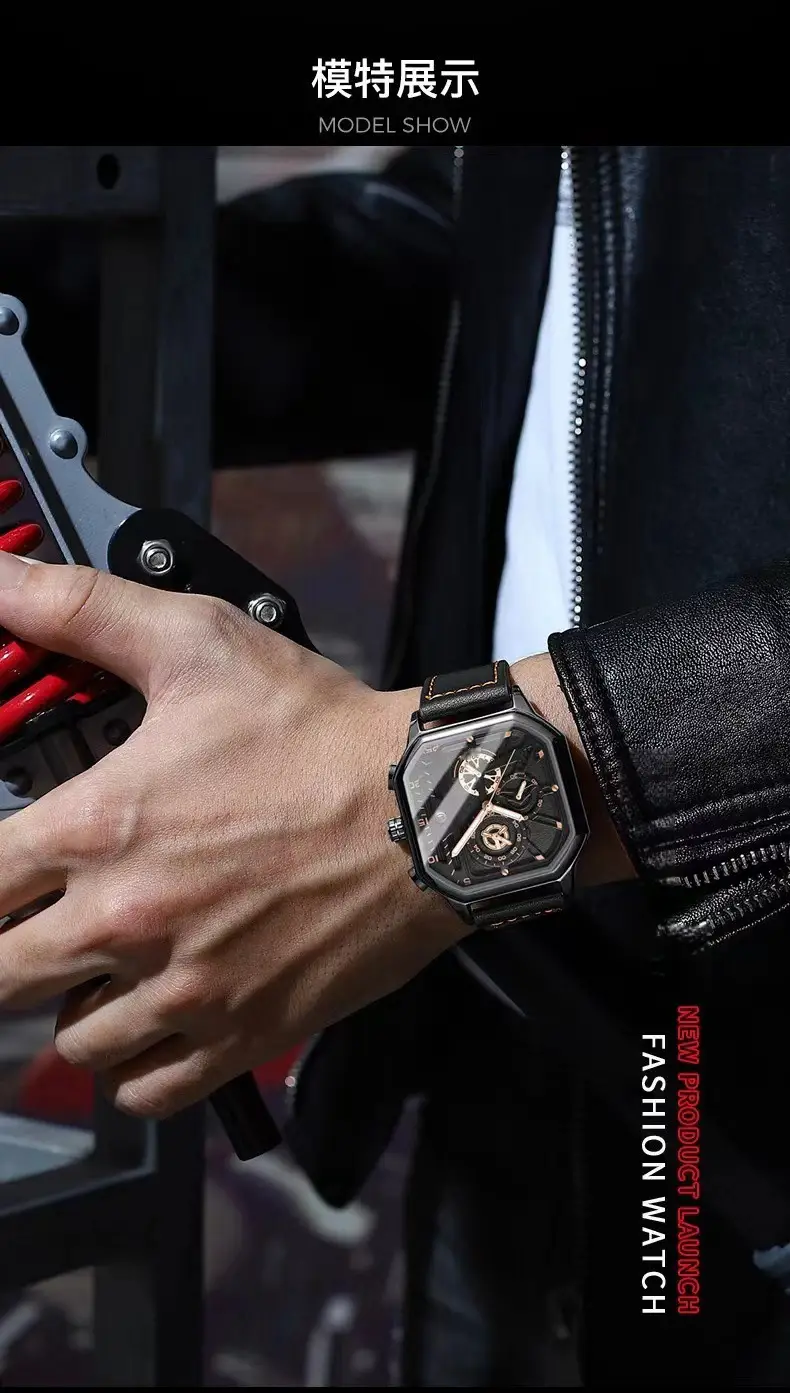 Guberson Square Black Men's Watch with Calendar & Luminous Design — feature 9