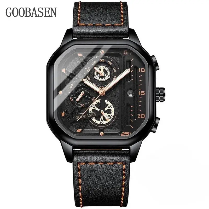 Guberson Square Black Men's Watch with Calendar & Luminous Design