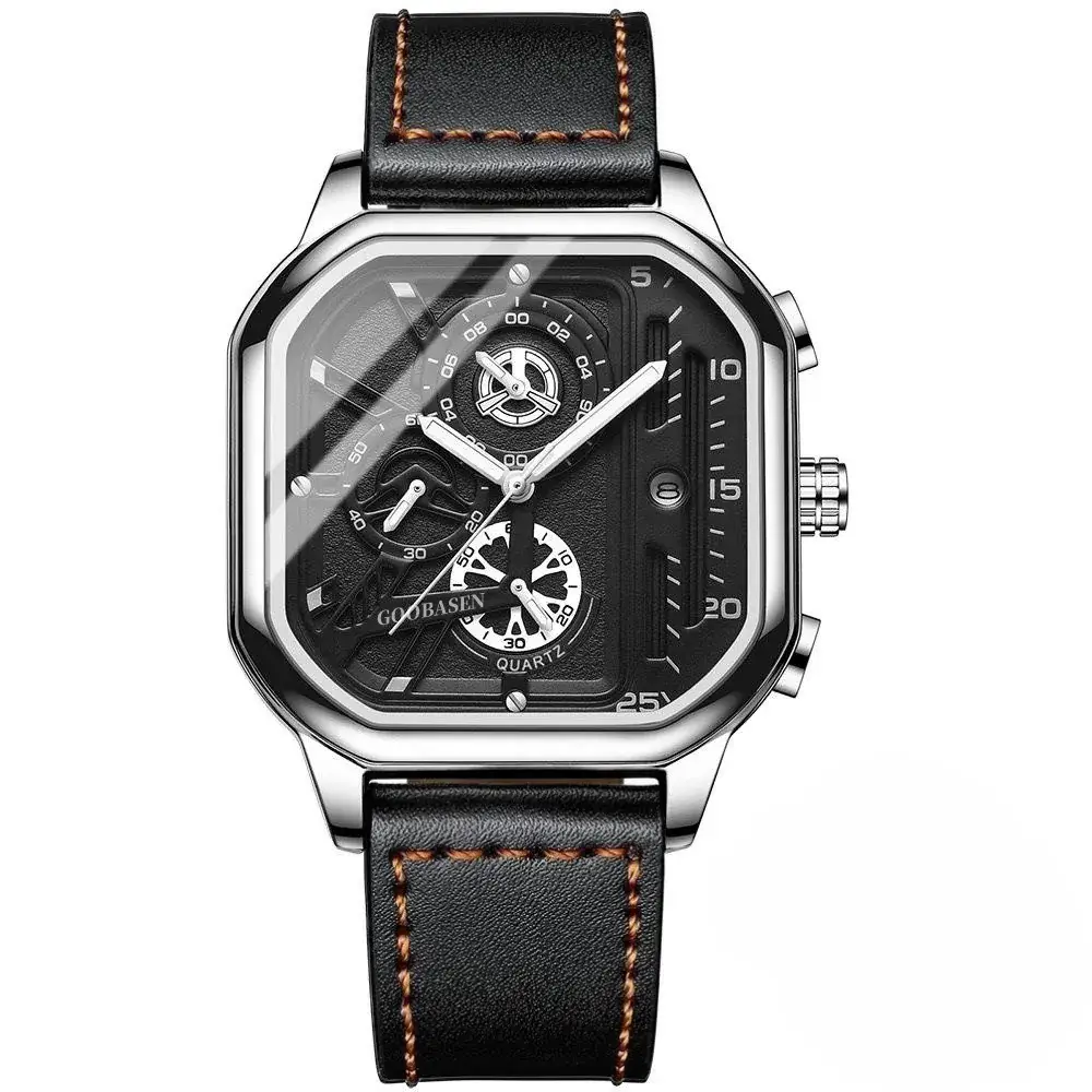 Guberson Square Black Men's Watch with Calendar & Luminous Design