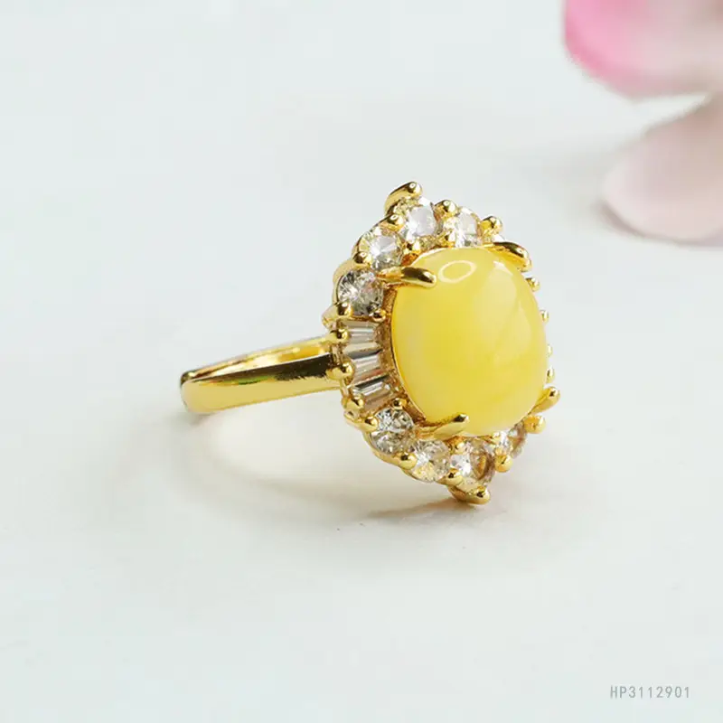 Yellow Honey Amber Ring with Diamond Set - Image 3