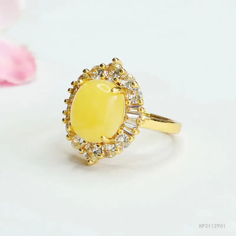 Yellow Honey Amber Ring with Diamond Set - Image 4
